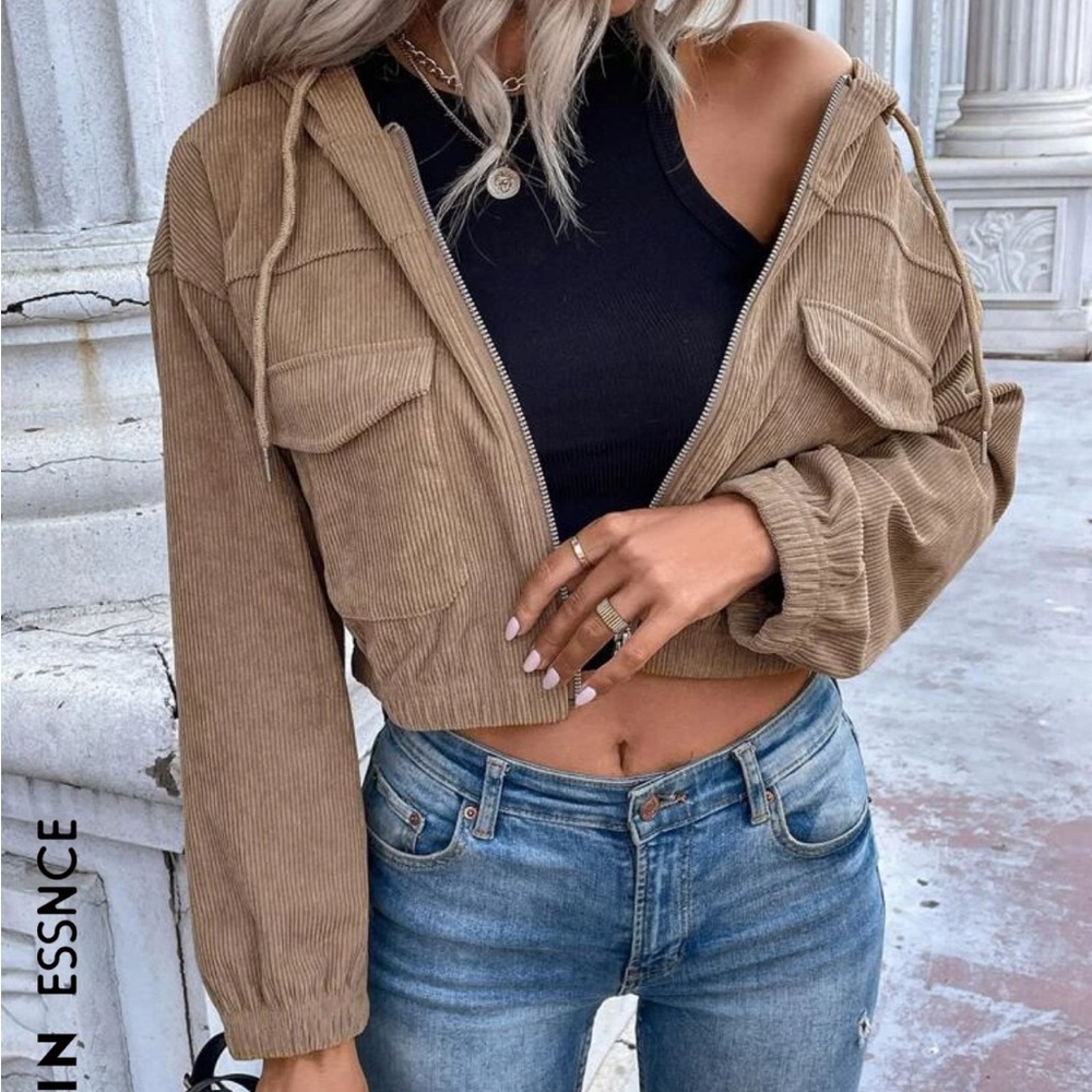 54. Cropped Tan Courduroy Hooded Zip Jacket